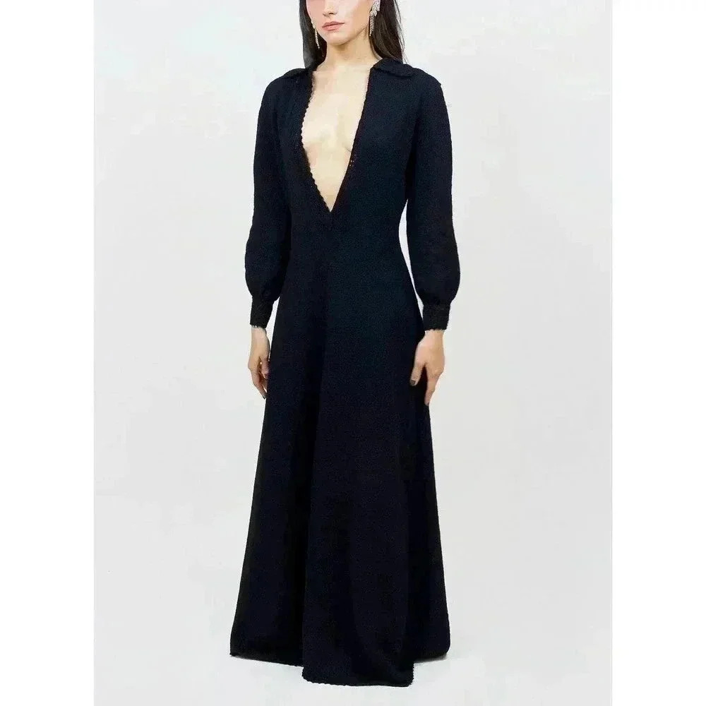 Vintage Black Deep V Dress Small Collared Long Bishop Sleeve Gown Sweater‎ Dress
